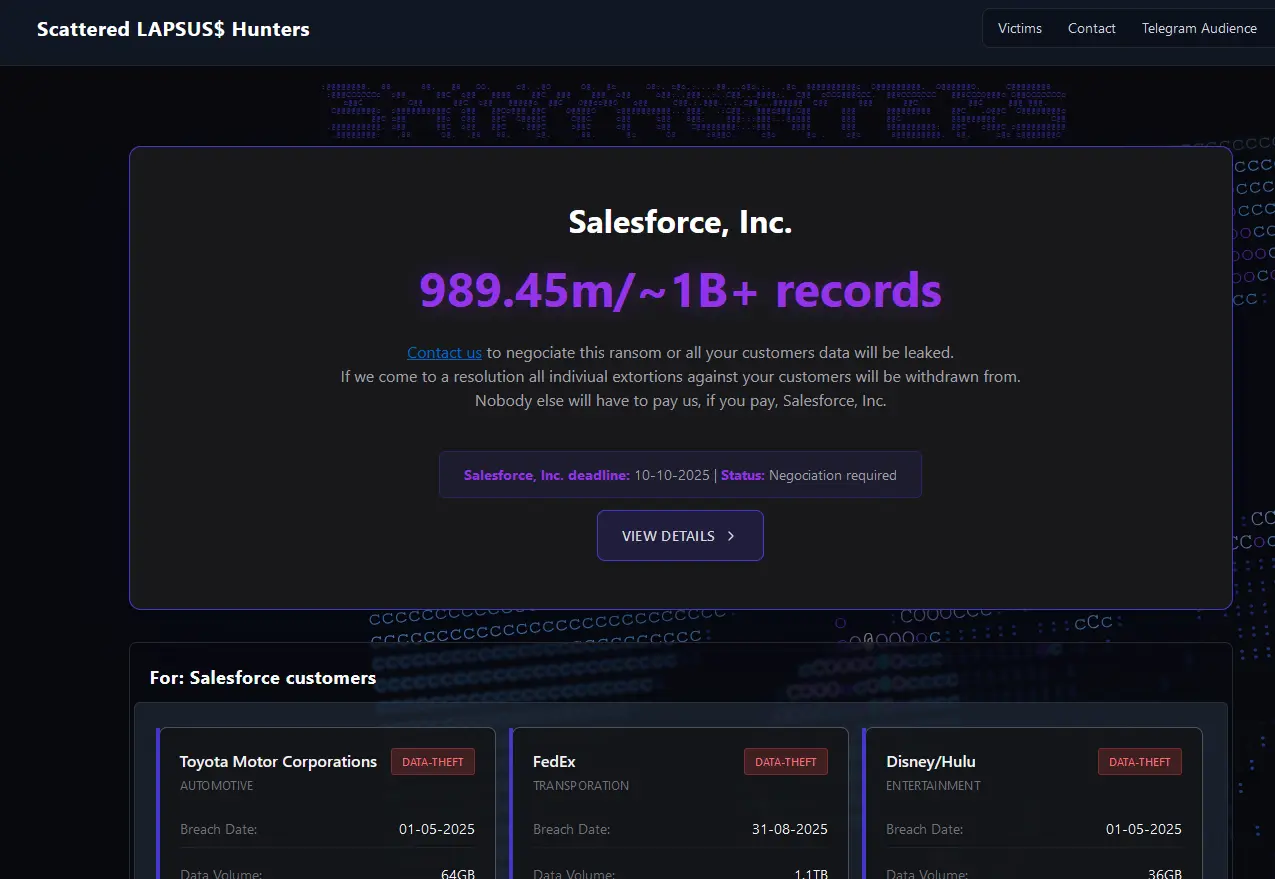 Cybercriminals Behind Salesforce Voice Phishing Launch Ransom Website Threatening Fortune 500 Data